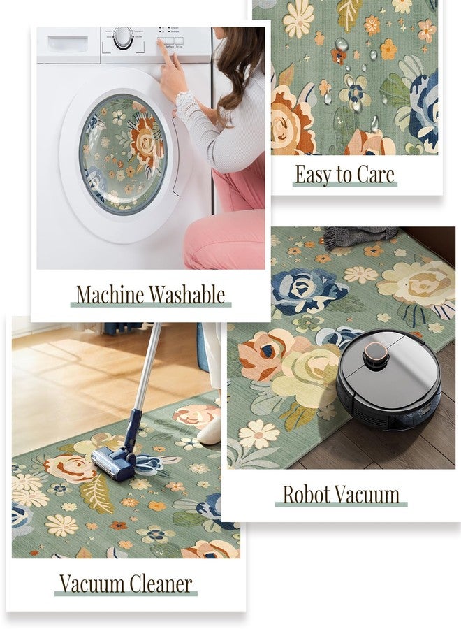 Castage Green Floral Rug 3x5,Boho Washable Area Rugs for Bedroom Living Room Kitchen Entryway Bedside,Small Vintage Farmhouse Bohemian Oriental Non Slip Carpet - Image 4